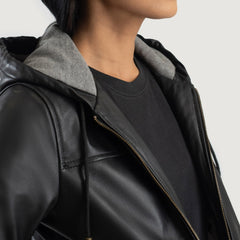 Sutix Black Leather Hooded Bomber Jacket