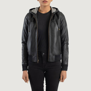 Sutix Black Leather Hooded Bomber Jacket