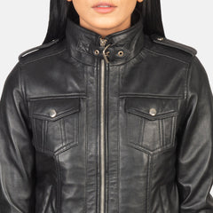 Xatus Black Leather Hooded Bomber Jacket
