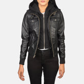Xatus Black Leather Hooded Bomber Jacket