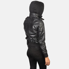 Xatus Black Leather Hooded Bomber Jacket