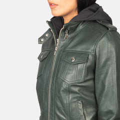 Xatus Green Leather Hooded Bomber Jacket