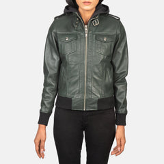 Xatus Green Leather Hooded Bomber Jacket