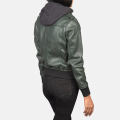 Xatus Green Leather Hooded Bomber Jacket