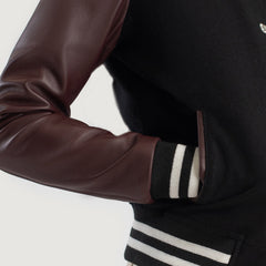 Orsos Black Maroon Leather Varsity Jacket