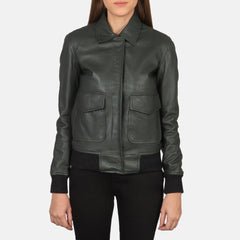 Vition Green Leather Bomber Jacket