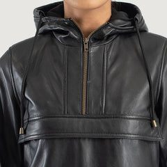 Ribet Black Leather Hooded Pullover Jacket