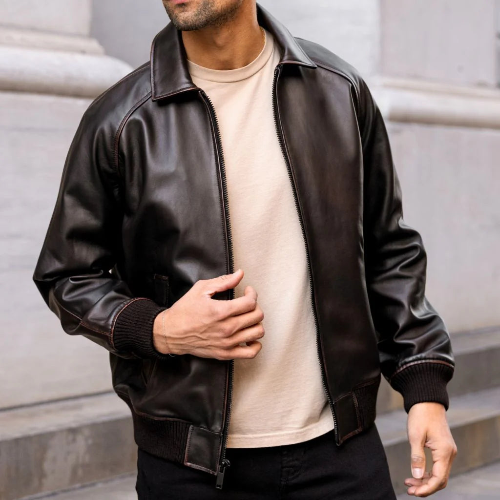 Midnight Crest Leather Bomber Jacket