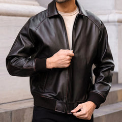 Midnight Crest Leather Bomber Jacket