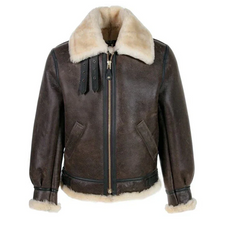 Brown leather jacket with fur collar and trim on a white background