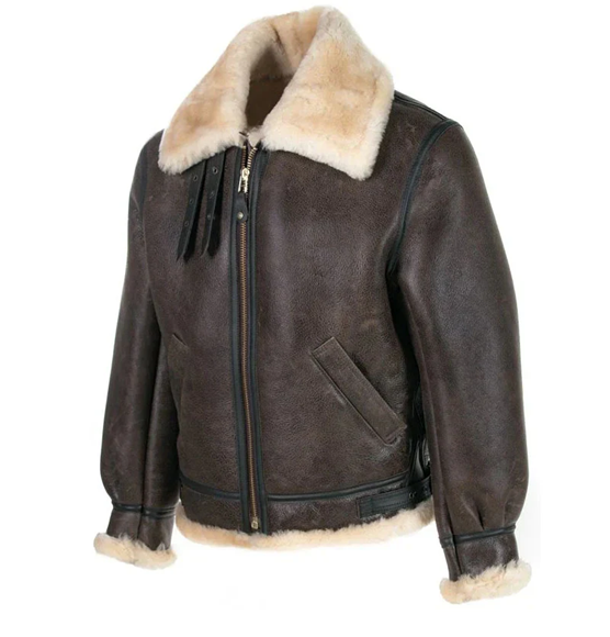 Brown leather jacket with fur collar and cuffs on a white background