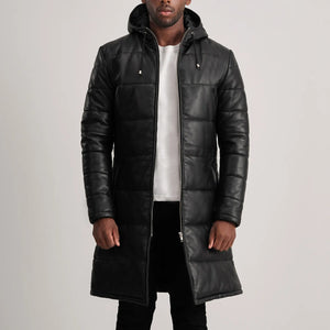 Elkum Black Leather Hooded Coat Jacket