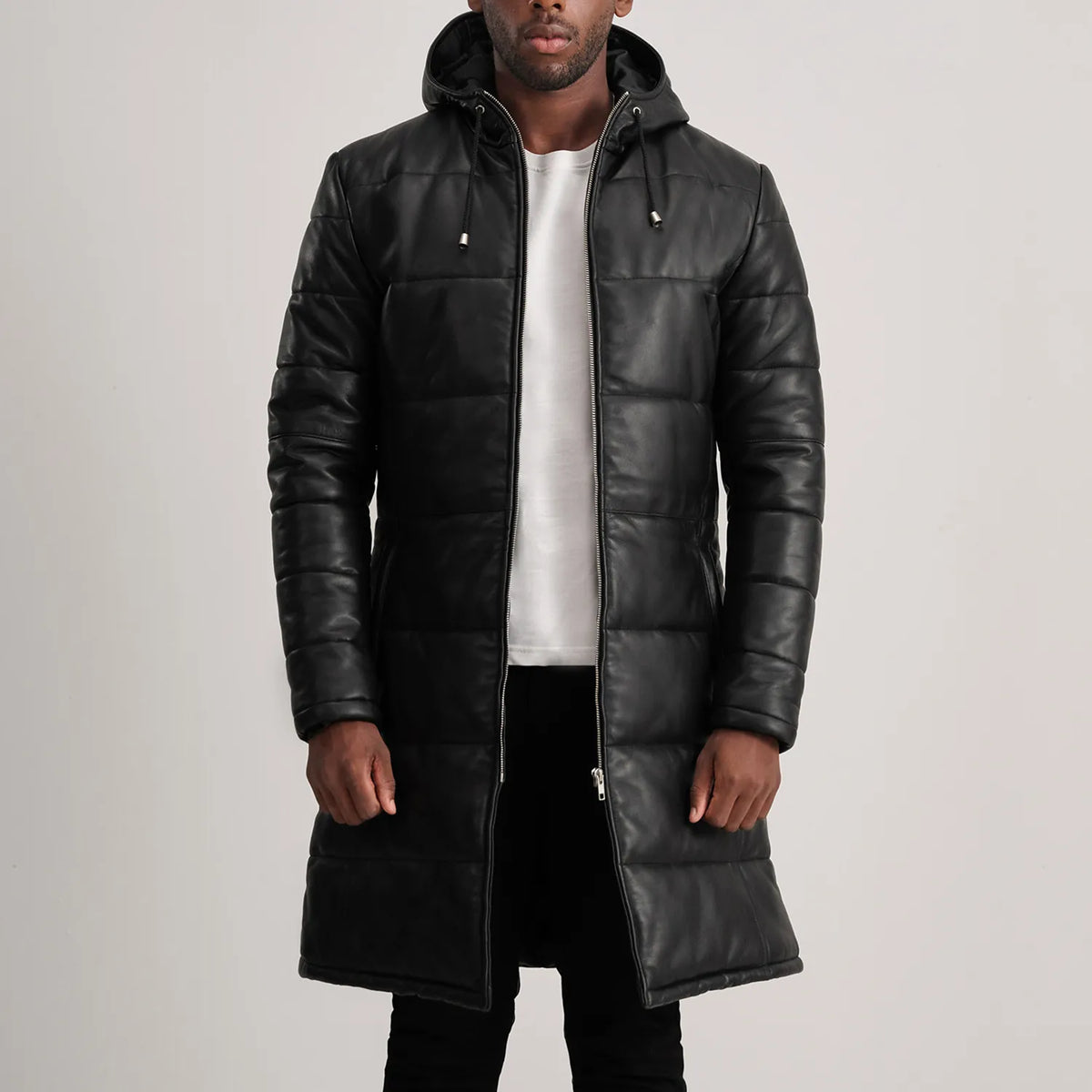 Elkum Black Leather Hooded Coat Jacket
