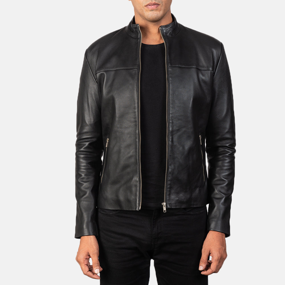 Wykin Black Leather Biker Jacket