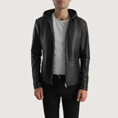 Jogel Black Leather Hooded Jacket