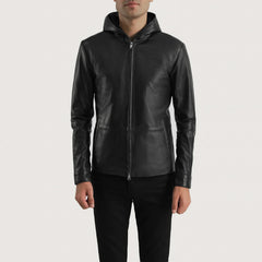 Jogel Black Leather Hooded Jacket
