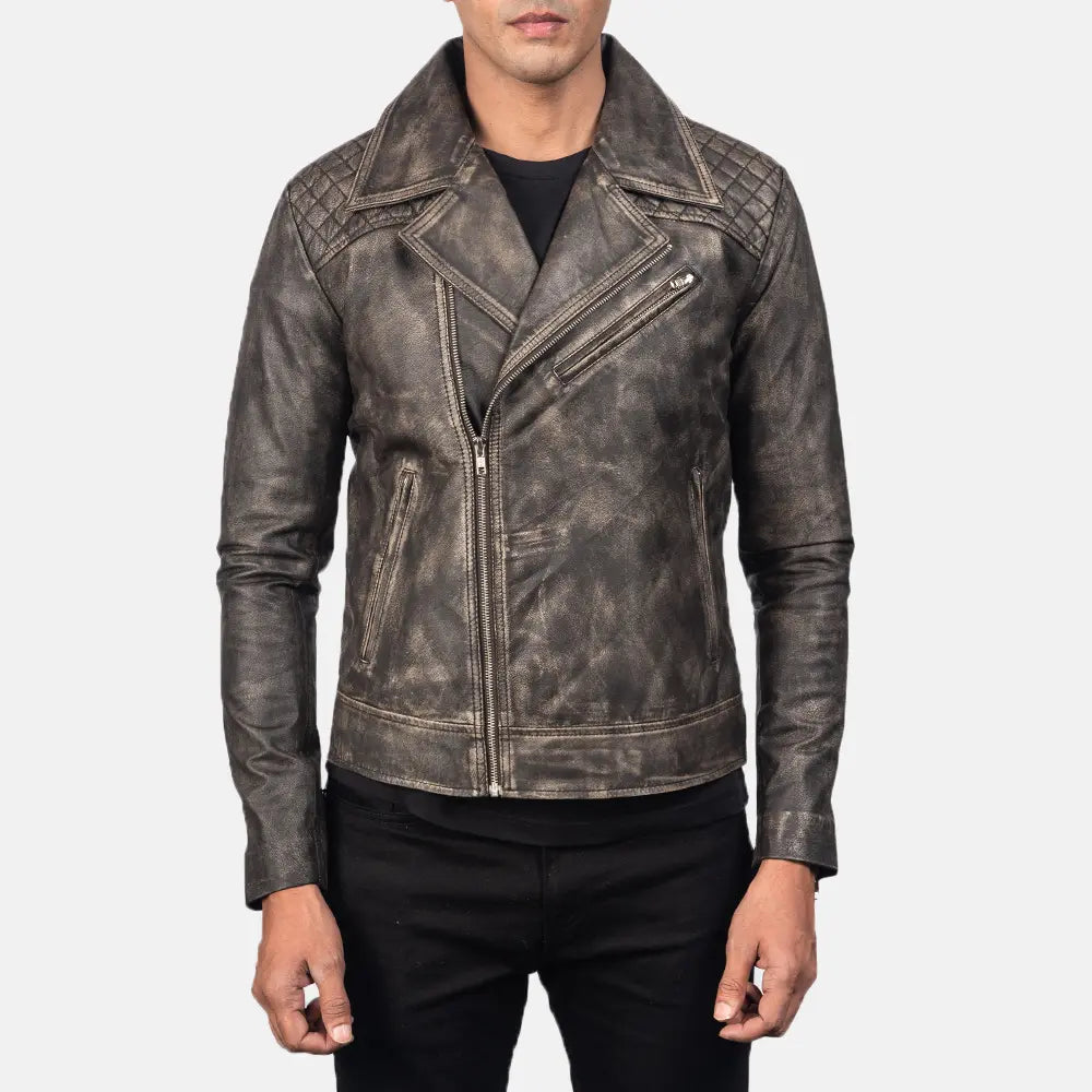 Qunet Brown Leather Quilted Biker Jacket