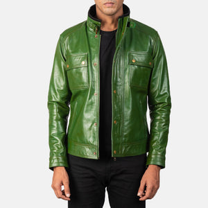 Simion Green Leather Biker Jacket
