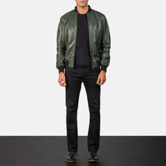Vegel Green Leather Bomber Jacket
