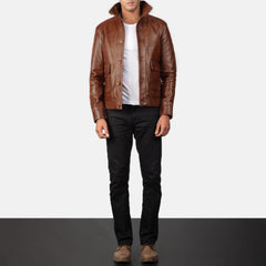 Qupor Brown Leather Bomber Jacket
