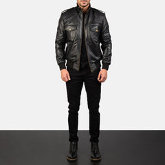 Elnas Black Leather Bomber Jacket