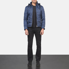 Pagion Blue Leather Quilted Hooded Jacket