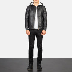 Zabian Black Leather Hooded Bomber Jacket