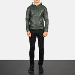Zabian Green Leather Hooded Bomber Jacket