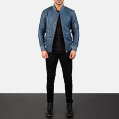 Sabis Blue Leather Bomber Jacket