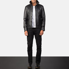Qupor Black Leather Bomber Jacket