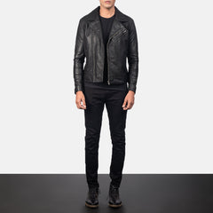 Qunet Black Leather Quilted Biker Jacket