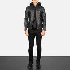 Lusar Black Leather Hooded Biker Jacket