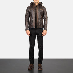 Hector Vintage Brown Hooded Leather Biker Jacket