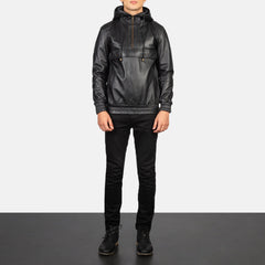 Sivar Black Leather Hooded Pullover Jacket
