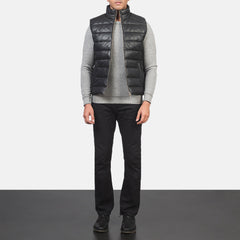 Reeves Black Leather Puffer Vest