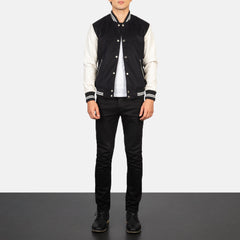 Uldon Black White Open Shirt Leather Varsity Jacket