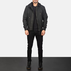 Rasos Black Leather Hooded Bomber Jacket
