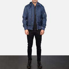 Rasos Blue Leather Hooded Bomber Jacket