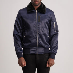 Kosar Blue Leather Bomber Jacket