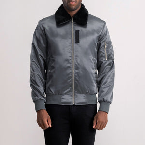 Kosar Grey Leather Bomber Jacket