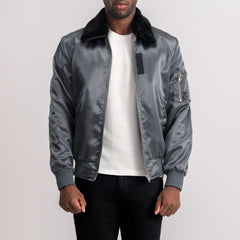 Kosar Grey Leather Bomber Jacket