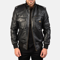 Elnas Black Leather Bomber Jacket