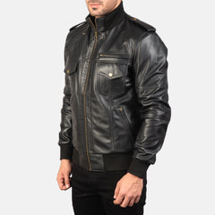 Elnas Black Leather Bomber Jacket