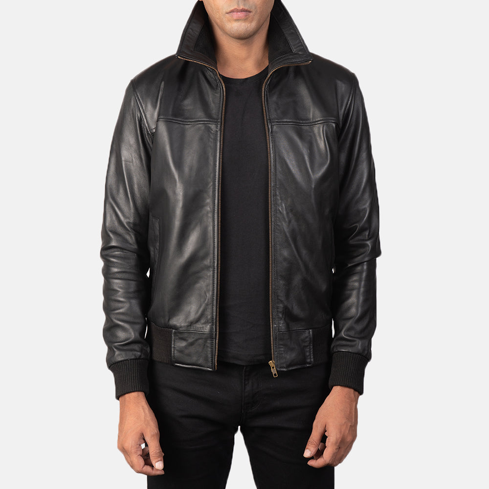 Rokin Black Leather Bomber Jacket