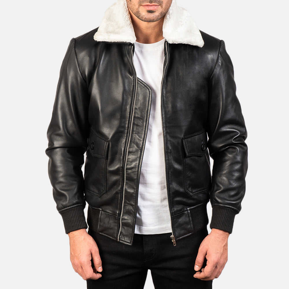 Nitor Black White Leather Bomber Jacket