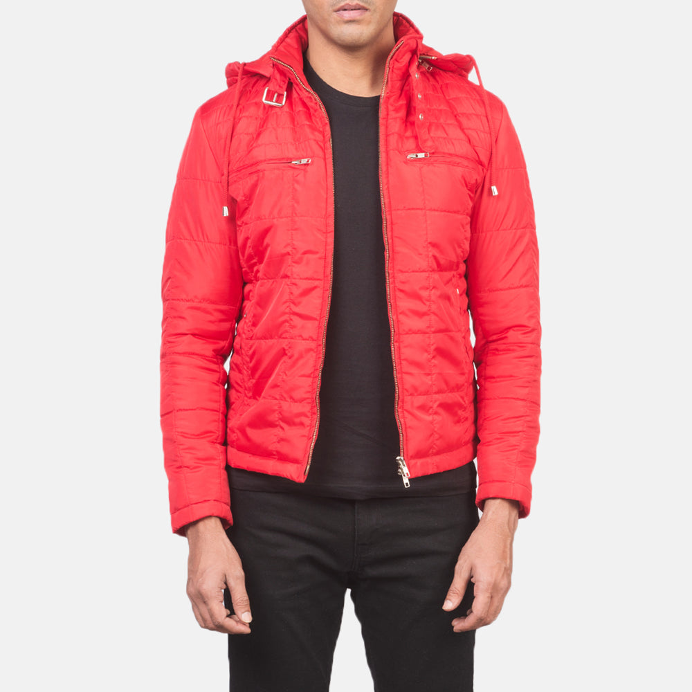 Pagion Red Leather Quilted Hooded Jacket