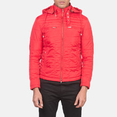 Pagion Red Leather Quilted Hooded Jacket
