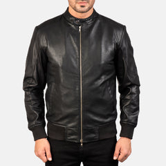 Pasus Black Leather Bomber Jacket