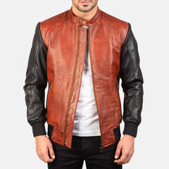 Pasus Black Maroon Leather Bomber Jacket