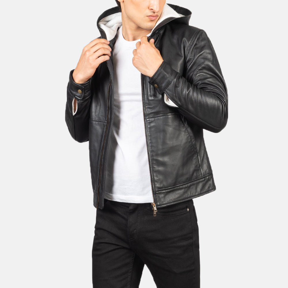 Zabian Black Leather Hooded Bomber Jacket